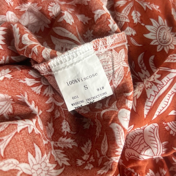 Boho Floral Midi Dress Rust Red White Print Bishop Sleeves Tie Back Small - Picture 6 of 8